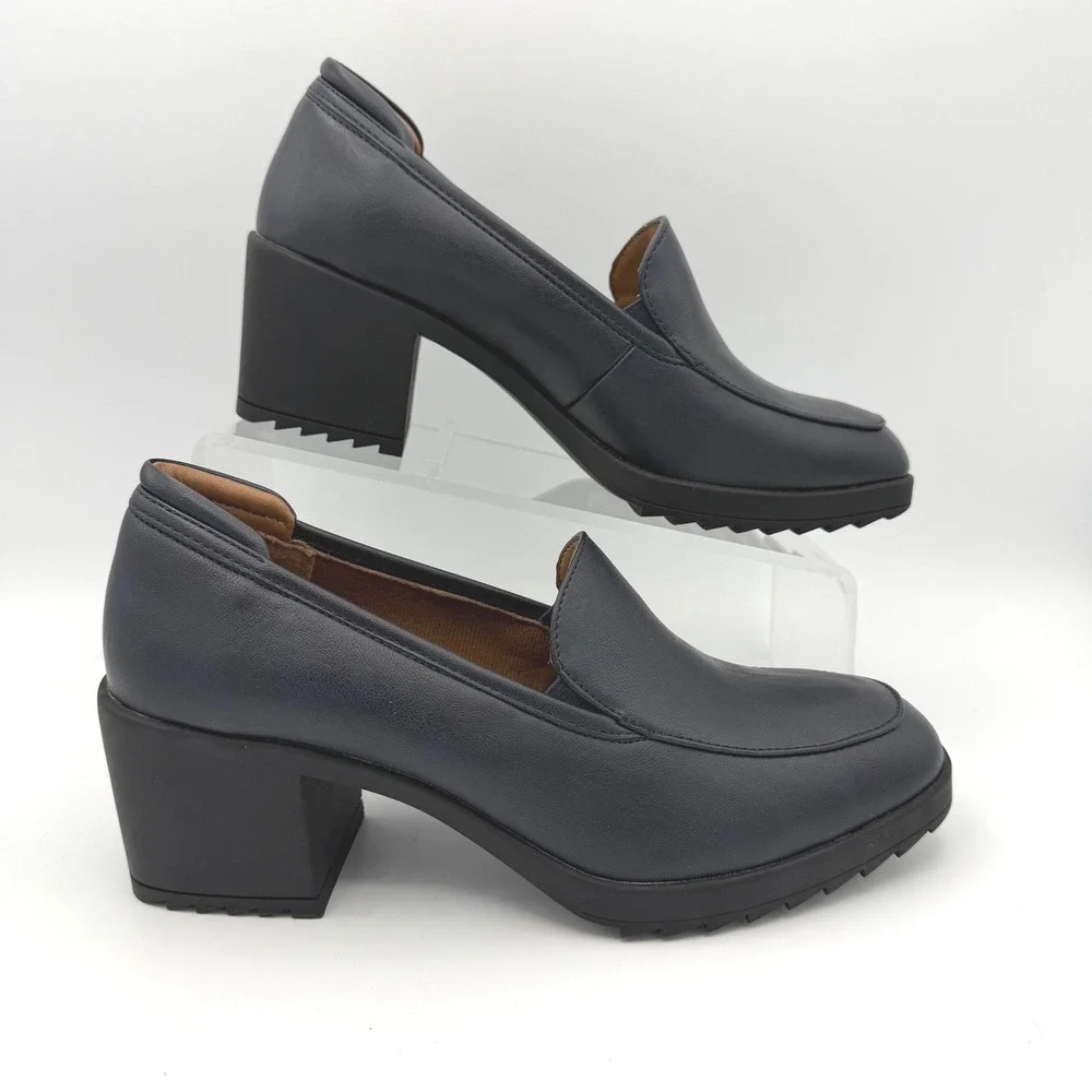EuroSoft by Sofft Block Heel Loafers 8M Navy Blue Lug Sole Moc Toe Slip On Shoes